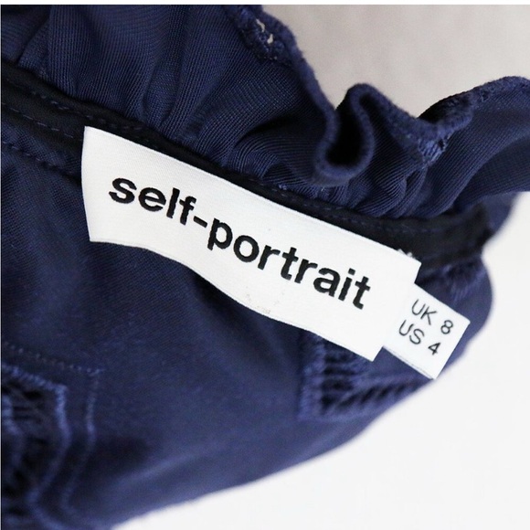 Self-Portrait Zig Zag Embroidered Velvet Top US 4 Navy One Shoulder Ruffle - Picture 7 of 8